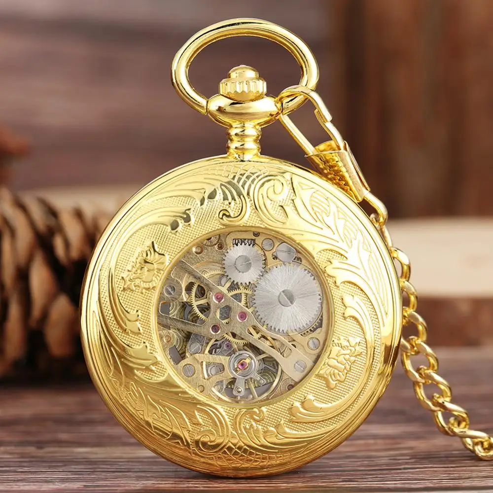 Top Luxury Golden Shield Design Skeleton Dial Mechanical Hand Winding Pocket Watch FOB Roman Numbers Clock for Men Women Gifts