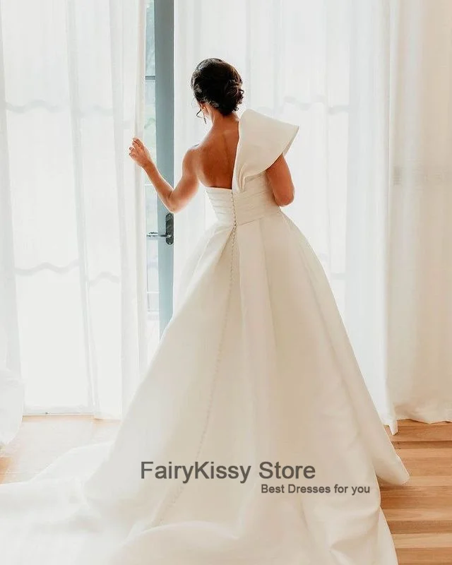 FairyKissy Simple Stain A Line Wedding Dress One Shoulder Sleeves Sweep Train Dubai Women Bride Gowns Custom Bridal Dresses