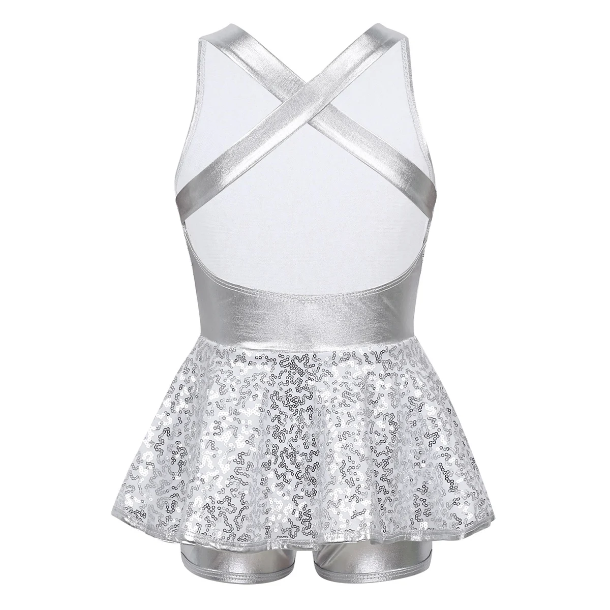 Kids Girls Shiny Sequins Sleeveless Criss-Cross Back Latin Jazz Dance Dress Leotard Disco Hip Hop Stage Performance Costume