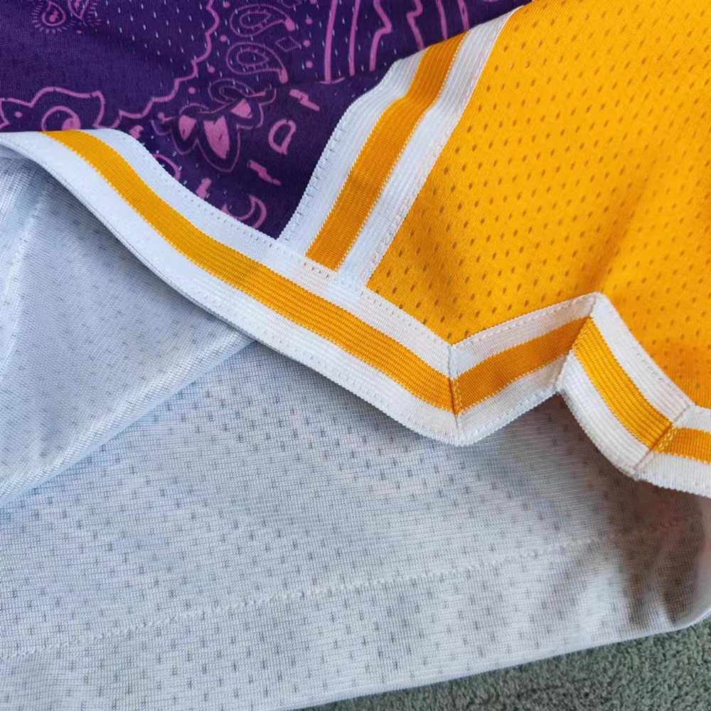 MM MASMIG Los Angeles w stylu fioletowym z wzorem Paisley szorty do koszykówki ze spodniami na zamek błyskawiczny z kieszeniami Bryant LeBron