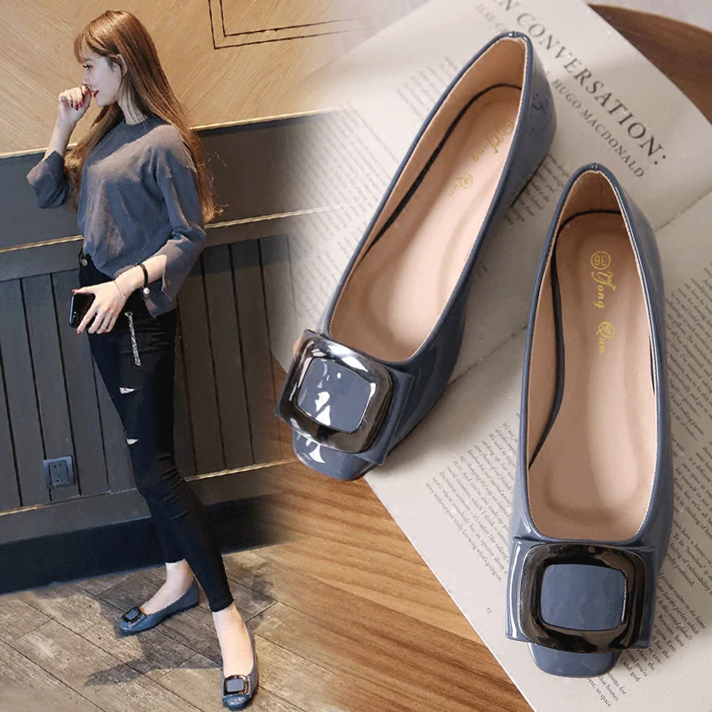 Large Size 41 42 43 44 45 Women Flat Heel Shoes 31 32 33 Square Head Patent Leather Shoes Lady Flats Soft Sole Metal Decoration