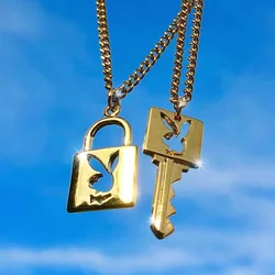 Exclusive harajuku  stainless steel Gold rabbit lock key choker beads colar women cute Punk Style necklace Collares Mujer