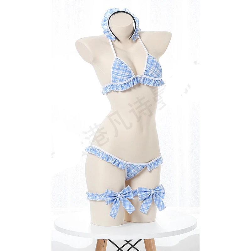 AniLV Pool Party Girl Lolita Plaid Bikini Swimsuit Set Underwear Costume Anime Maid Swimwear Uniform Lingerie Cosplay Clothes