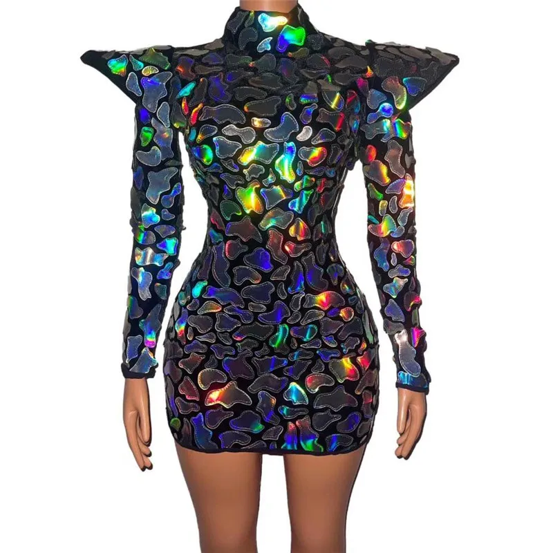 

2021 New Women Shiny Lens Rhinestone Black Long Sleeve Singer Dress Birthday Prom Bar Outfit Dancer Dress