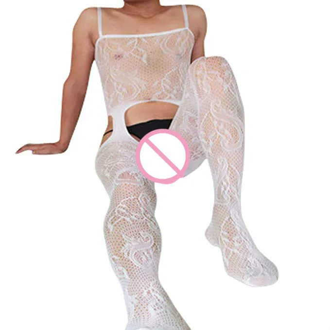 Popular Mens Sleepwear Fishnet Bodysuit Crotchless Body stockings Male Underwear Porno Sexy Lingerie Gay Erotic Teddies Jumpsuit