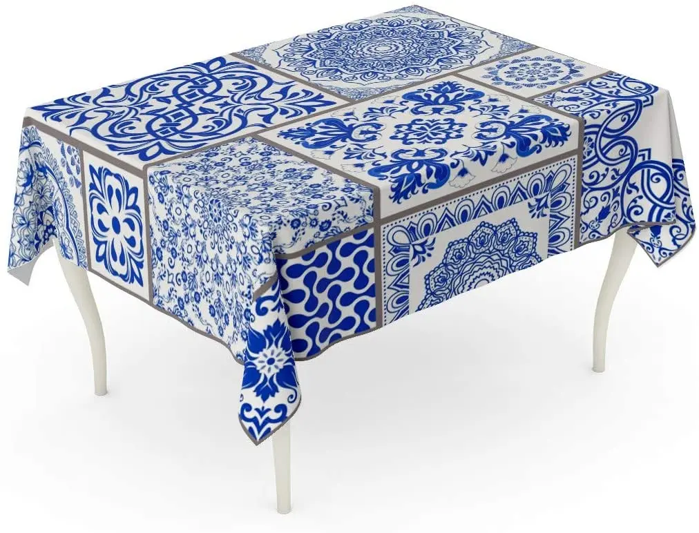 Patchwork Victorian Motives Majolica Pottery Blue and White Azulejo Original Traditional Portuguese Spain Floral Table Cloth