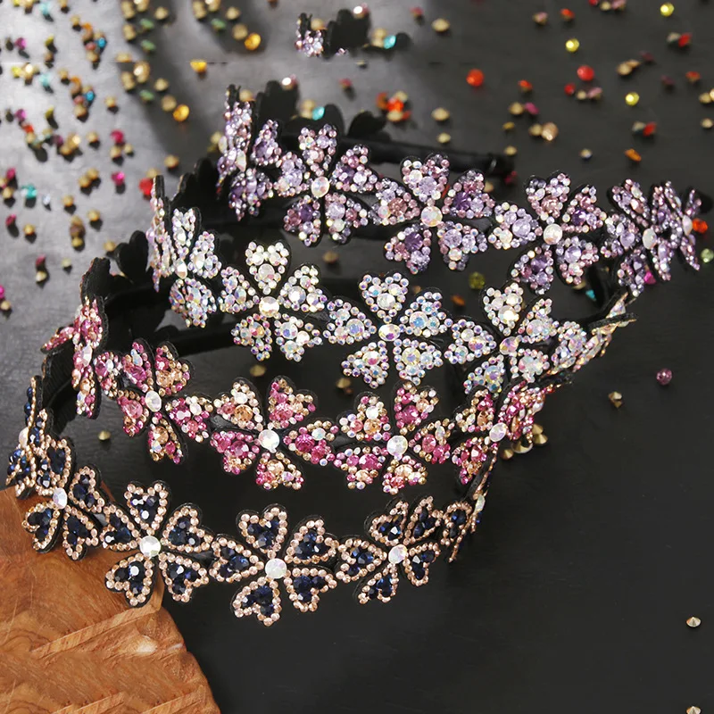 Retro Simplicity Flowers Head Wear Luxury Headband for Women Rhinestone Non-slip Border Girl Hairpin Fancy Hair Accessories Gift