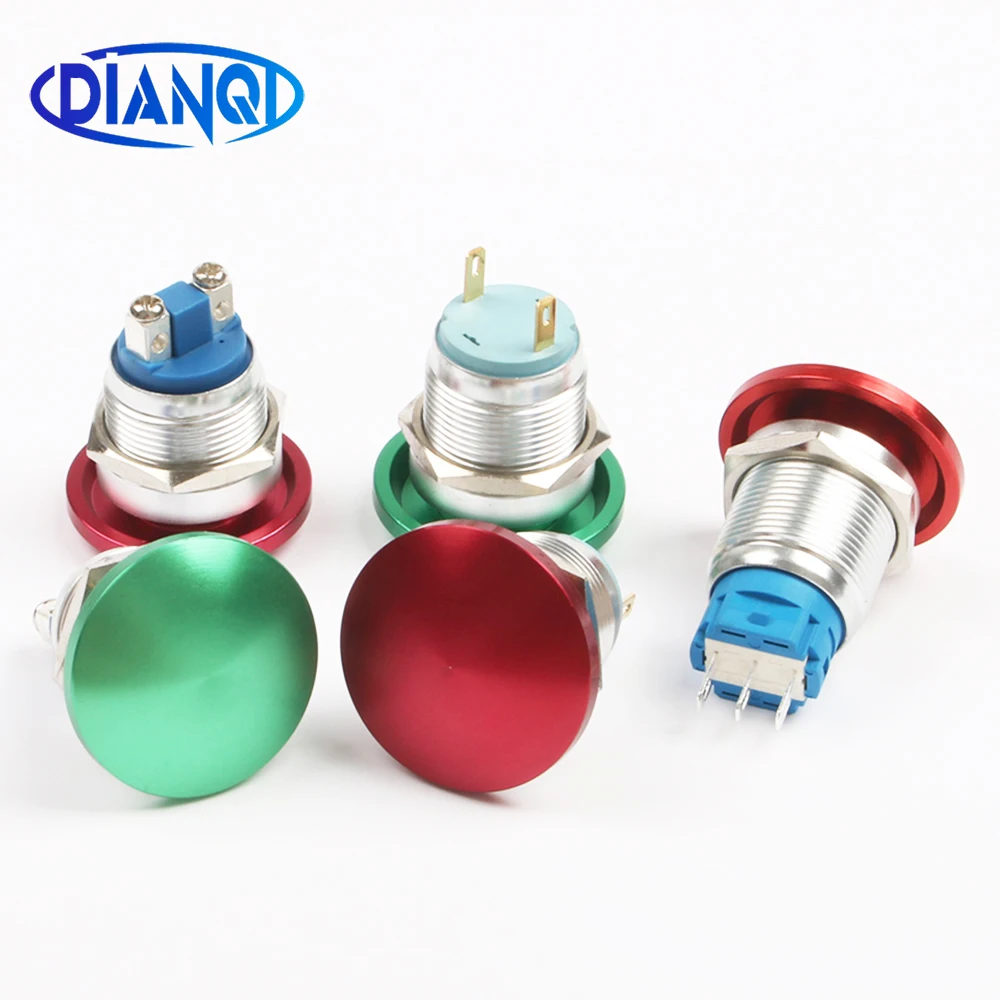 19mm Metal aluminum mushroom head switch Push Button Switch Momentary self-locking 1NO Car press button 2pin terminal 19MG/L.F.C