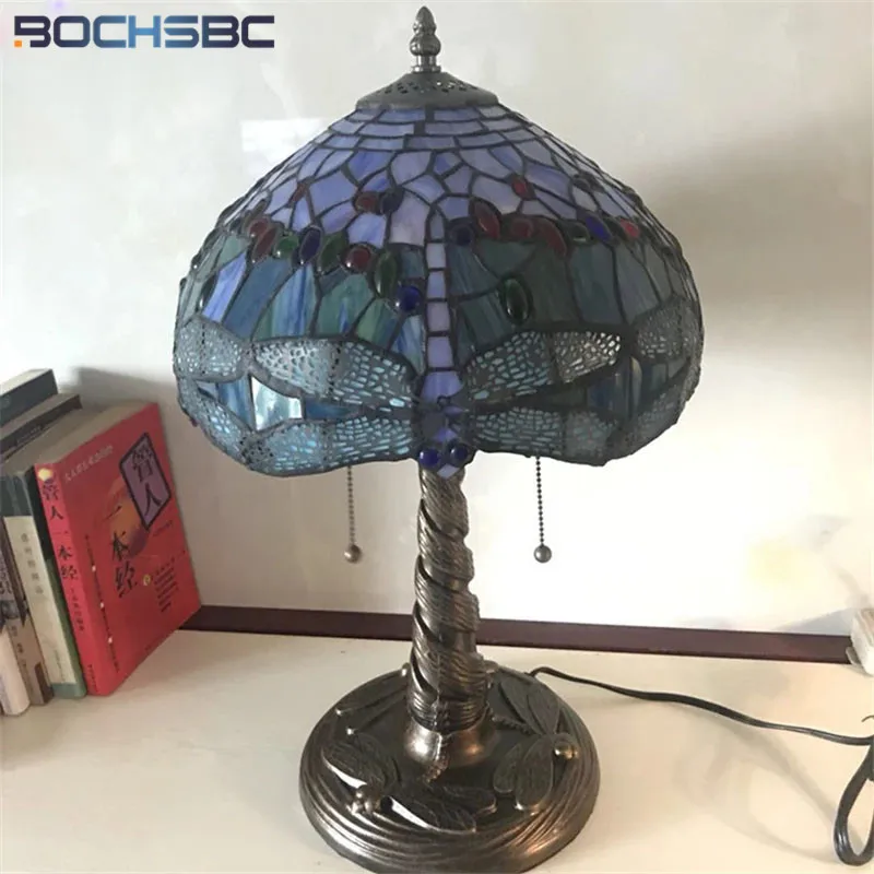 

BOCHSBC Tiffany 2020 New Style Blue Dragonfly Stained Glass Tabel Lamp Fixture Handcraft Art Decor Classical lights