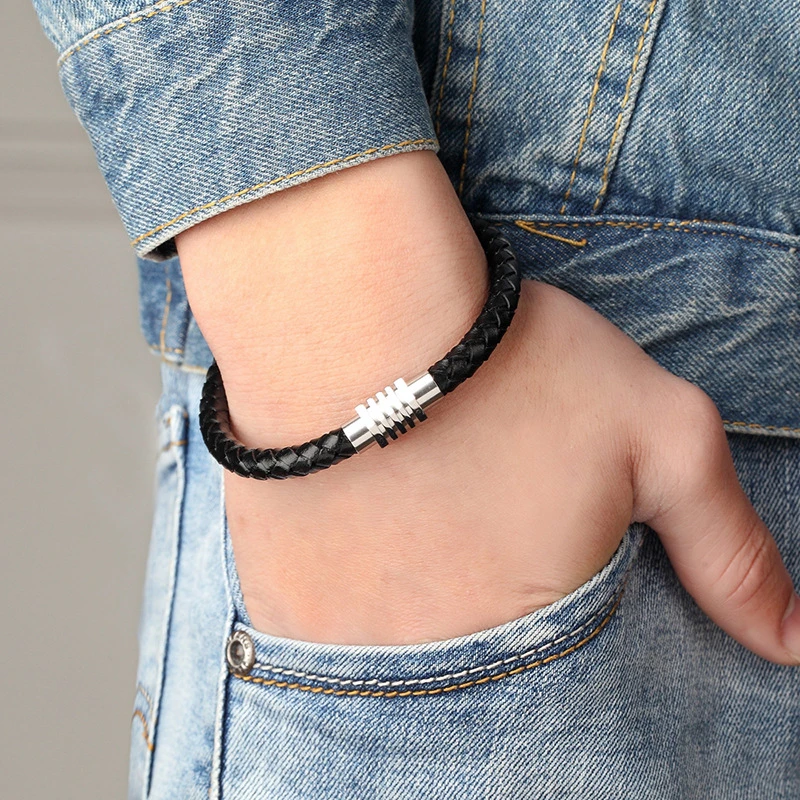 Stainless Steel Bracelet Braided Leather Rope Bracelet Classic Bacelet