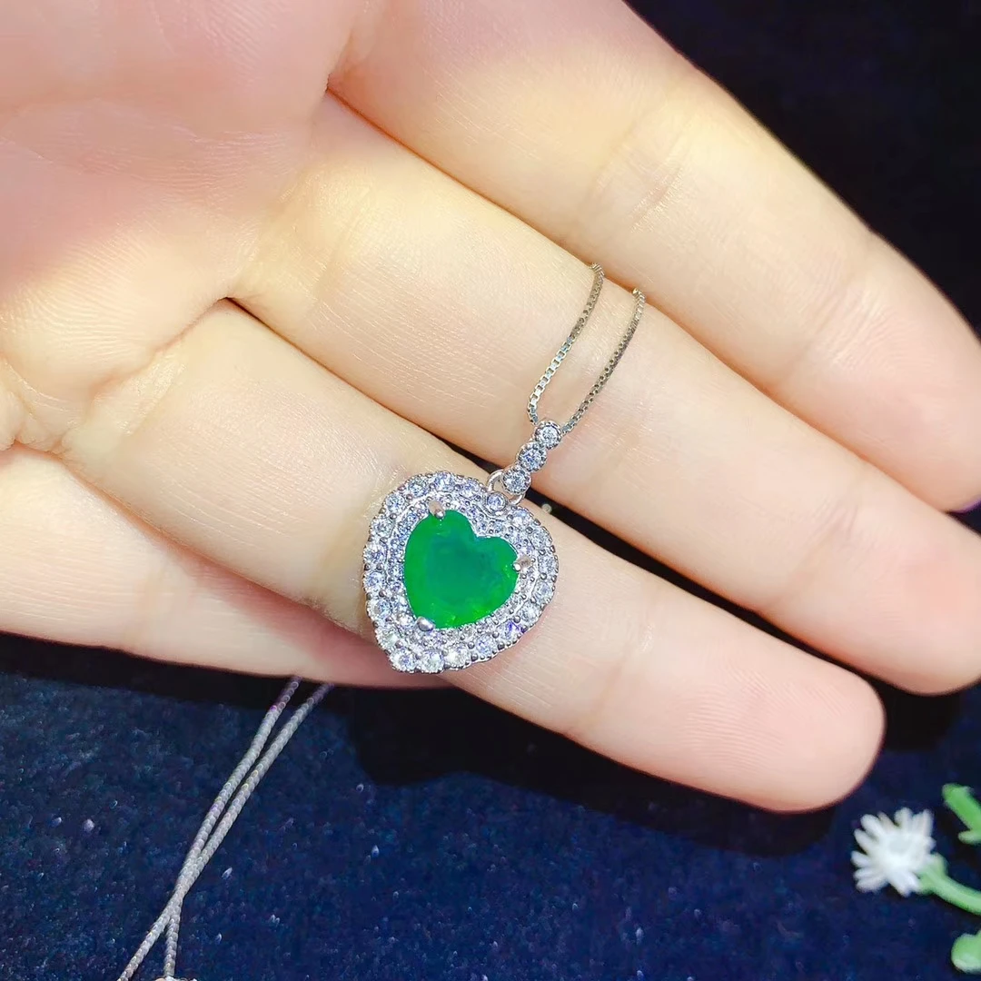 Fine Jewelry 925 Pure Silver Chinese Style Natural Emerald Women's Popular Lovely Heart Gem Pendant Ring Earring Suit Support De