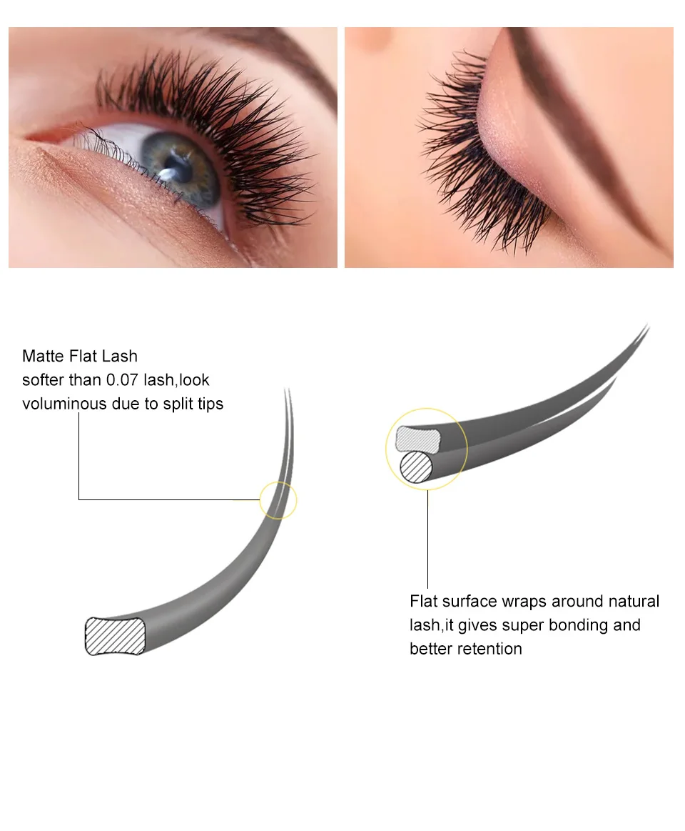 Matte Ellipse Flat Lashes Split Tips Mink Eyelash Extensions Ellipse shaped Lashes Soft Silk Lashes