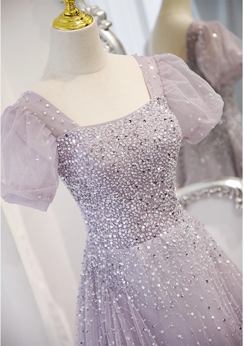 Customized  Romantic Light Purple Evening Dress for Women Square Collar Puff Sleeve A-line Sequins Beading Formal Party Gowns