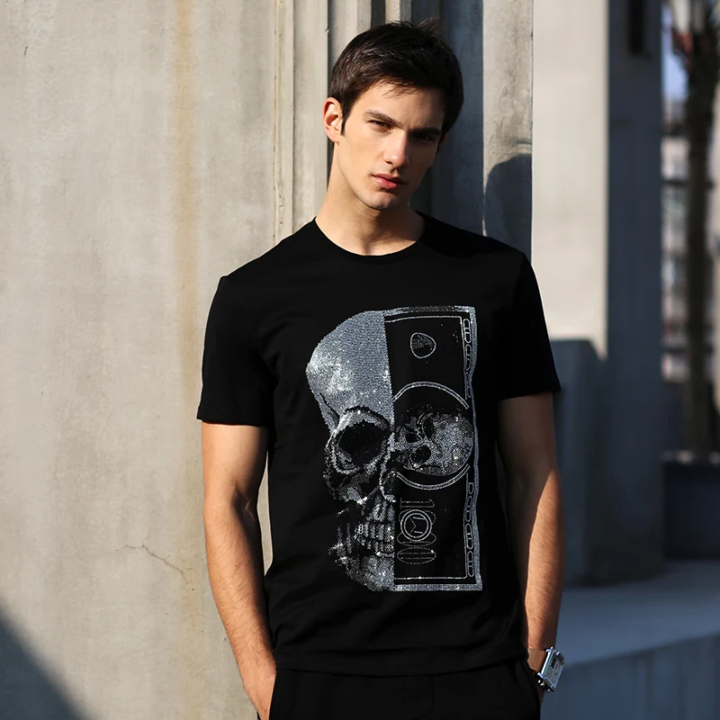 AlexPlein Skulls Rhinestones Crystals T Shirt Cotton Men Clothing Fashion Streetwear 2021 Summer Casual Crew Neck Short Sleeve