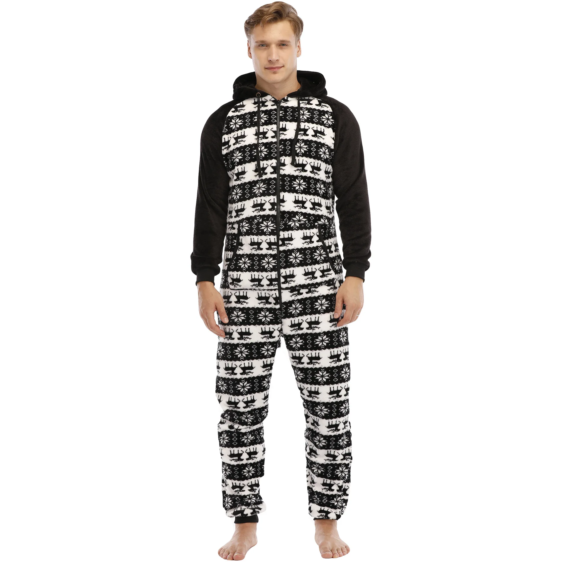 Mono de franela para hombre, sudadera de manga larga, pijama de una pieza, informal, Chándal estampado negro de Navidad