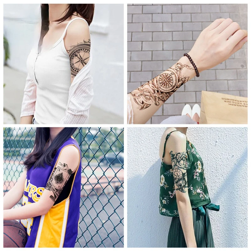 1PCS Waterproof Sweat Flower Arm Tattoo Sticker Female Body Art Painting Arm Leg Tattoo Sticker Revolver Wolf Waterproof Tattoo