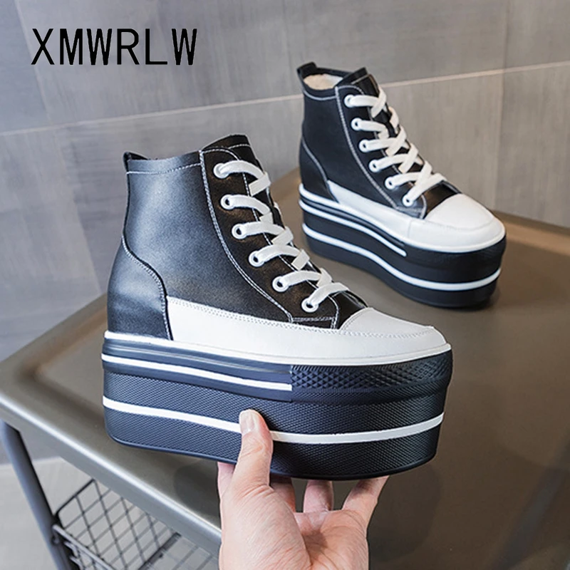 XMWRLW Sneakers alte da donna Sneakers Casual in pelle con lacci bianche/nere per donna primavera autunno scarpe Sneaker con tacchi alti