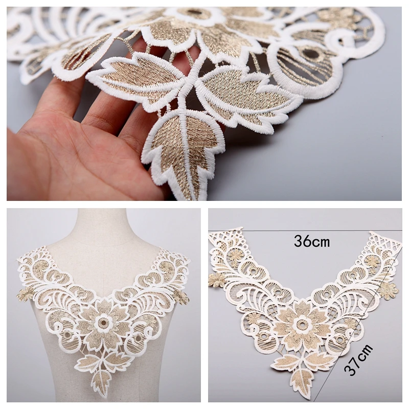 1Pc Gold White Lace Fabric Flower Lace Neckline Collar Embroidery Lace Trimming DIY Applique Sewing Lace Fabric