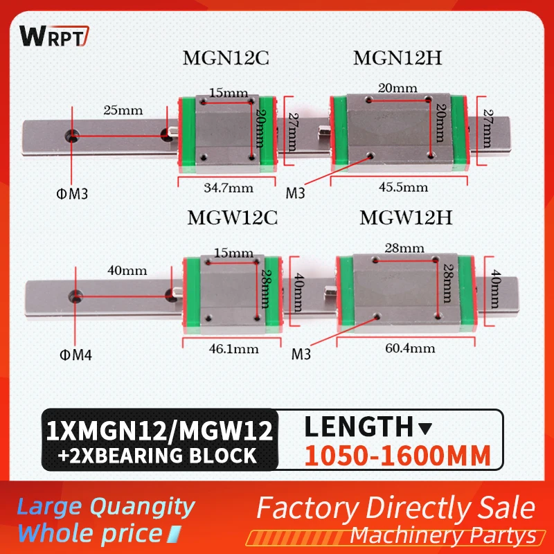 1PCS 12mm Linear Guide L1000 1050 1100 1150 1200 1250 1300 1400 1500 1600mm Linear Guide+2 MGN12C MGN12H MGW12C MGW12H Bracket