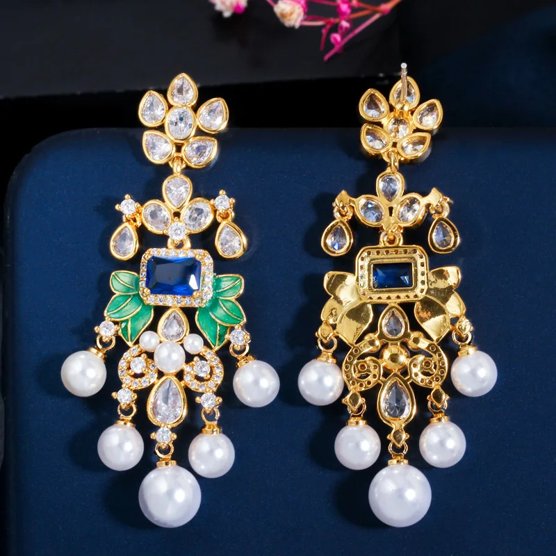 CWWZircons Blumen Zirkon Lange Hängeohrringe mit Perlen für Frauen Afrikanische Brautohrringe aretes de mujer modernos Großhandel E0375 – Detail 7