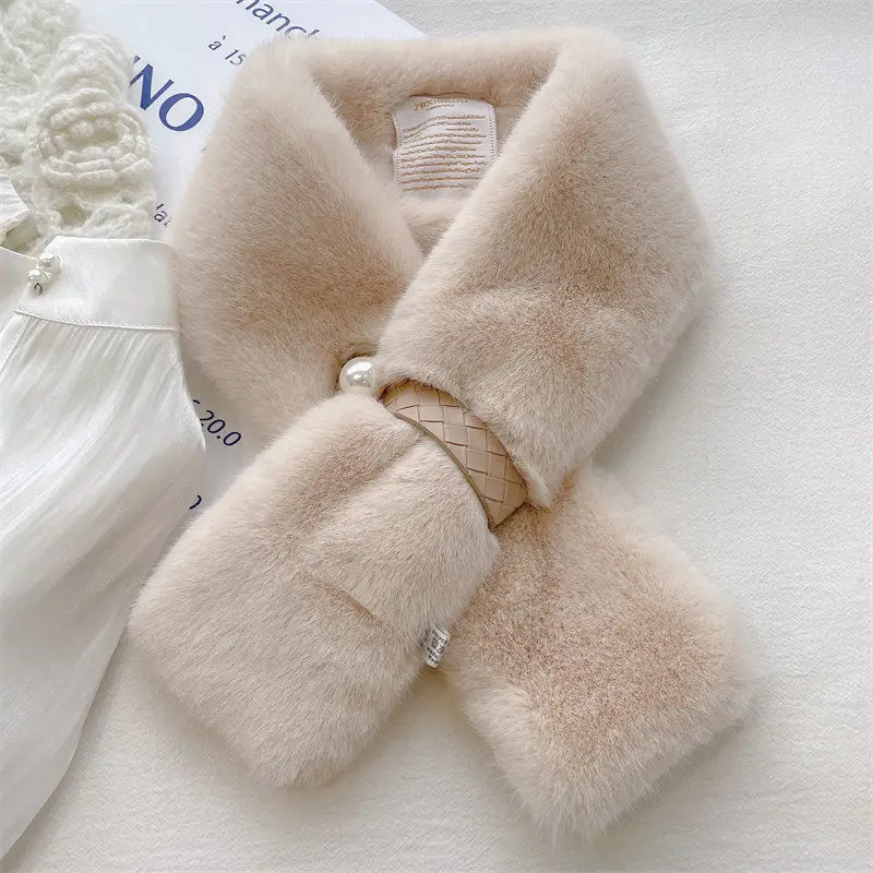 Korean Solid Color Pearl Leather Rex Rabbit Fur Collar Cross Plush Scarf Woman's Winter Knit Double Sided Thicken Warm Shawl T38