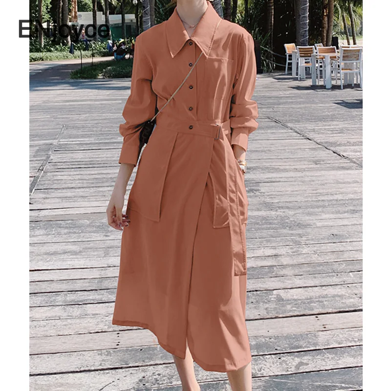 

ENjoyce Spring Summer Women Long Shirt Dress with Belt Korean Elegant Long Sleeve A-line High-waist Dresses Casual Outfits