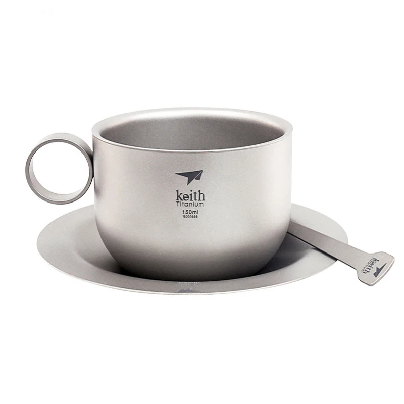 Imagem -03 - Keith Titanium Conjuntos de Caneca de Café com Colher de Prato Café Chá Copos Leite Acampamento Talheres Titânio Copo Pires Terno