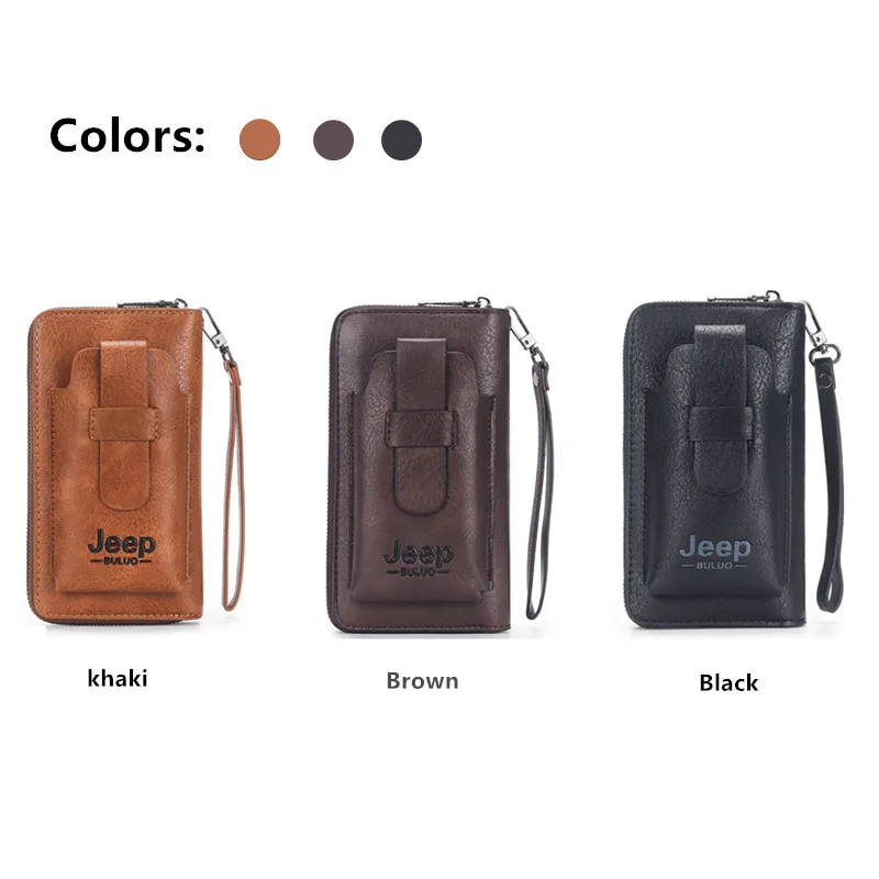 JEEP BULUO-cartera de mano de cuero para hombre, monedero de marca para teléfono, doble cremallera, de lujo, de gran capacidad