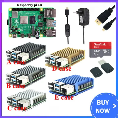 Raspberry Pi 4 Model B 8GB Kit  + Aluminum Case + 3A Switch Power + HDMI-compatible Cable Option 64 32GB SD Card |Reader