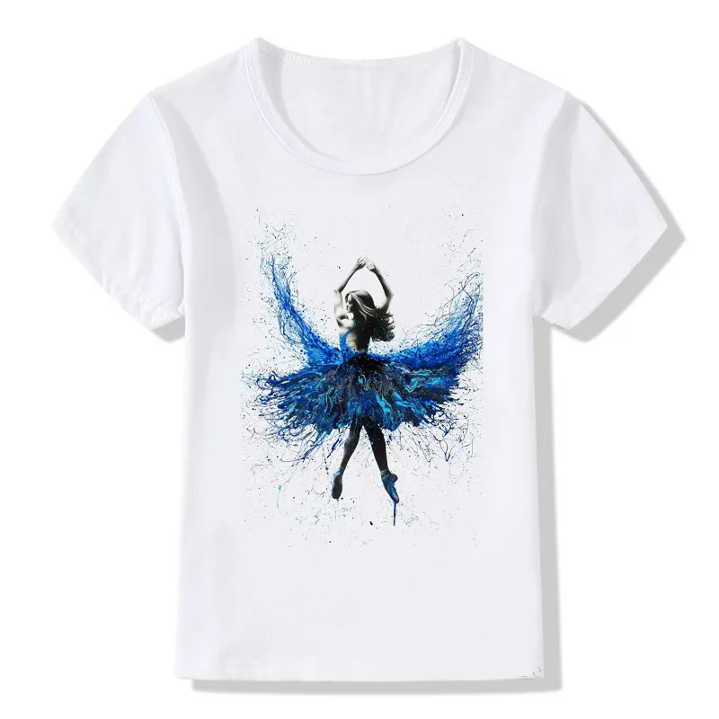 Blue dress Ballet dancer printed novelty tee summer girls clothes t-shirts white tshirt top cute girl t shirt kids clothing