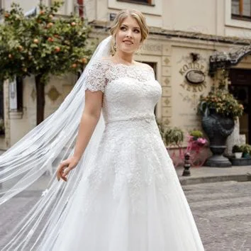 Vestido de novia de talla grande para mujeres embarazadas, vestido de novia hecho a medida, cuello Barco, manga corta, hombros descubiertos, apliques de encaje