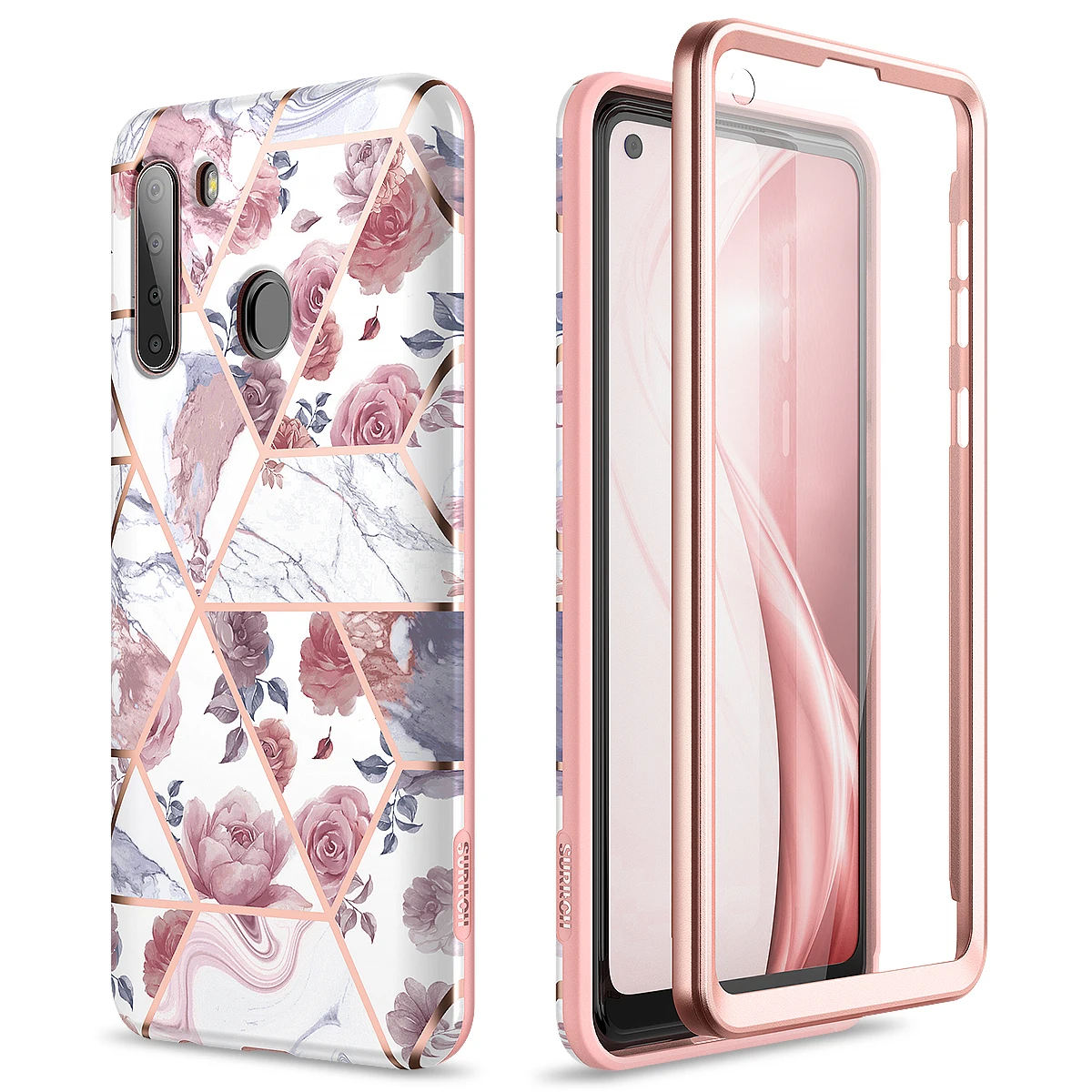 Marble Case For Samsung Galaxy A21 Case with Built in Screen Protector case PC panel+IML bottom shell Rose bronzing case cover