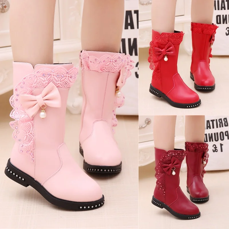 Children'S Winter Boots for Girls Rhinestone Flower Fashion Plush Long Boots Princess Flats Dress Shoes Snow  Boots