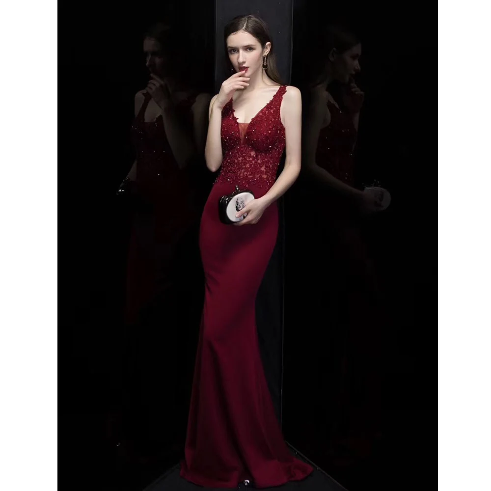 Evening-Dress-Long Pretty Sexy Vneck Evening-gown Mermaid Burgundy Color HS Kellio