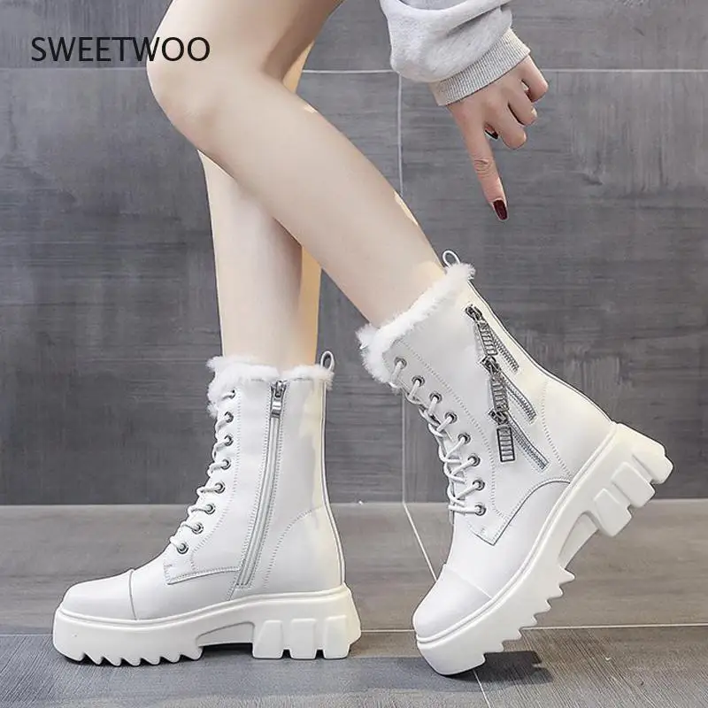 Women White Leather Snow Boots Women Thick Sole Shoes Fashion Warm Plush Waterproof Ankle Boots Women Boots