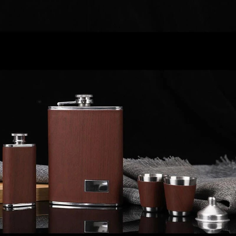 Wood Grain Pattern 9 OZ Hip Flask Set Two Flask Whiskey Wine Stainless Steel Alcohol Flagon Bottle Travel Drinkware For Gifts