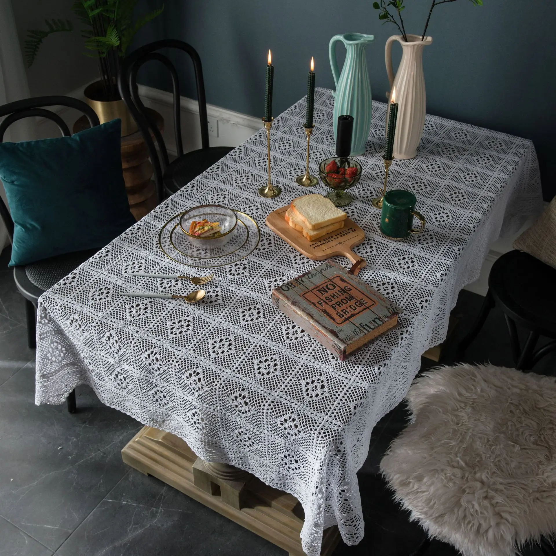 American country style crochet knitting white tablecloth hollow-out ramie cotton tablecloth table table table cloth cove