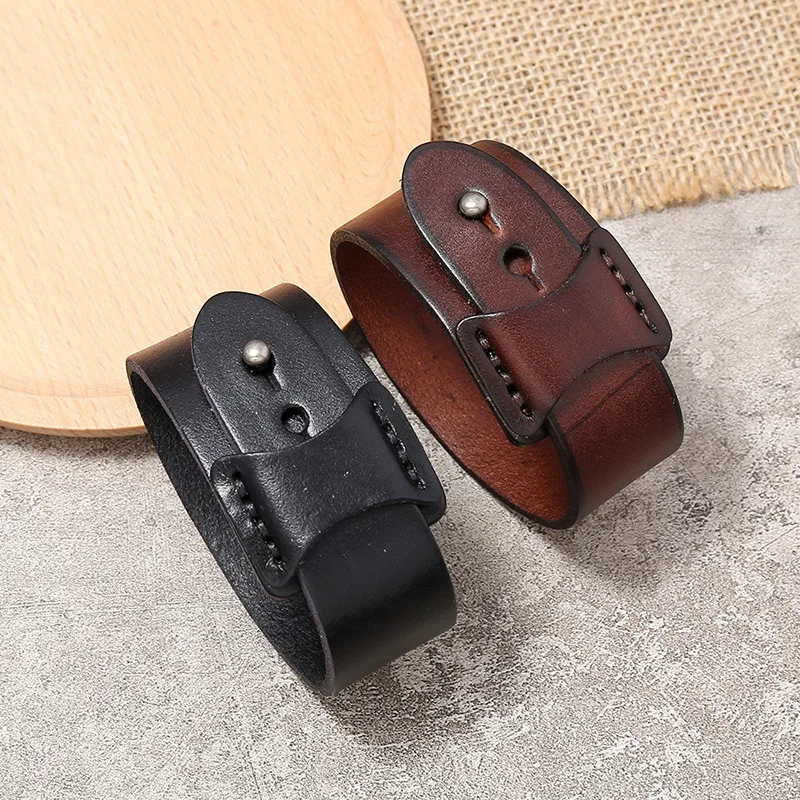 Vintage Genuine Leather Wide Cuff Men\'s Bracelet Punk Hiphop Ornament Bangle Male Wristband Jewelry Accessories Gift