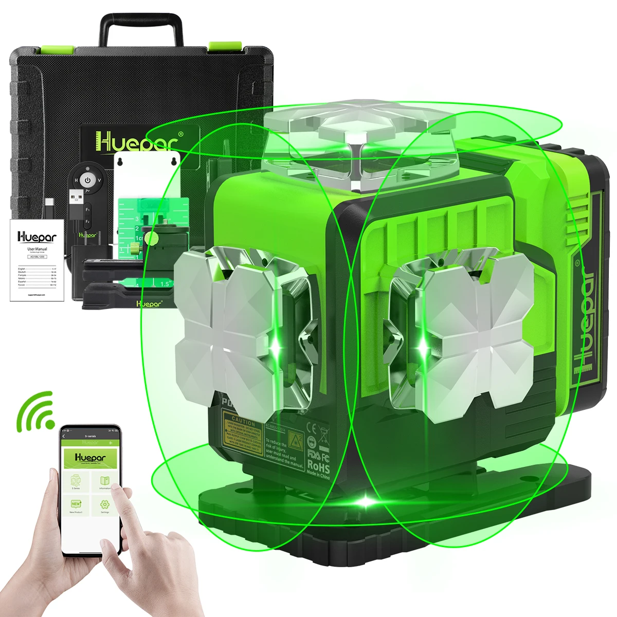 Huepar P04CG 16 Lines Cross Lines Osram Green Beam Bluetooth & Remote Control Functions 4D Laser Levels with Hard Carry Case