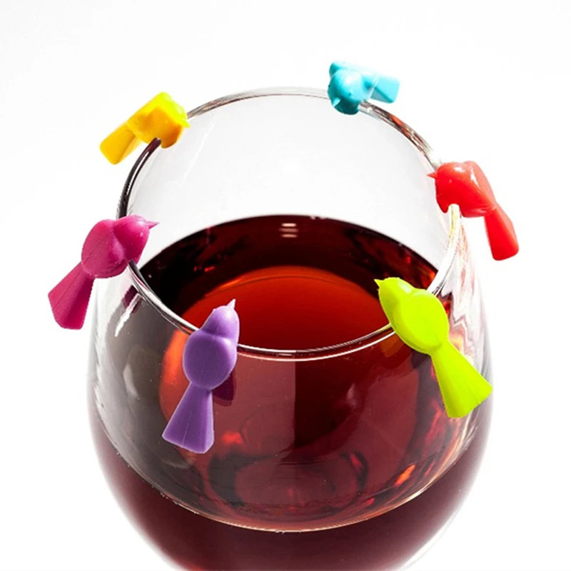 6PCS pennarelli per bicchieri da vino a forma di uccello multicolore identificatore per tazza segno segno forniture per feste in Silicone per uso alimentare Charms per bevande