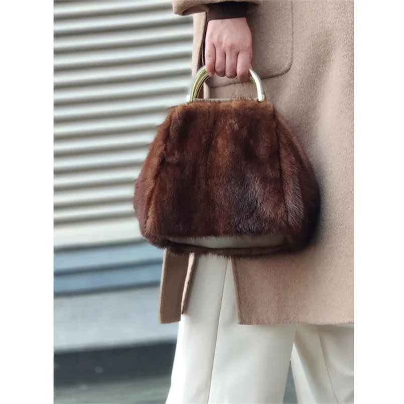 Vintage Winter ladies Fur Handbag Women Real Minik Fur Shoulder Bag Business Luxury Evening Party Bags