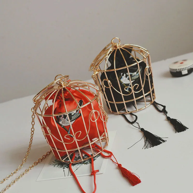 Women\'s Birdcage Evening Bag Clutch Metal Frame Embroidery Bucket Bird Cage Mini Bag Purse Women Gold Tassel Handbag