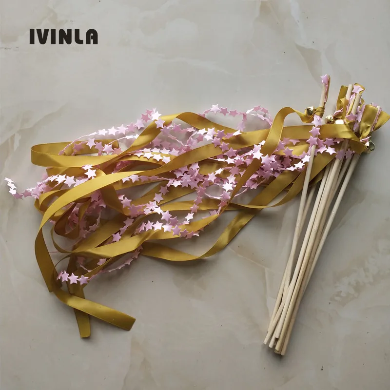 30pcs/lot  gold and pink wedding ribbon wands with star for wedding decoration