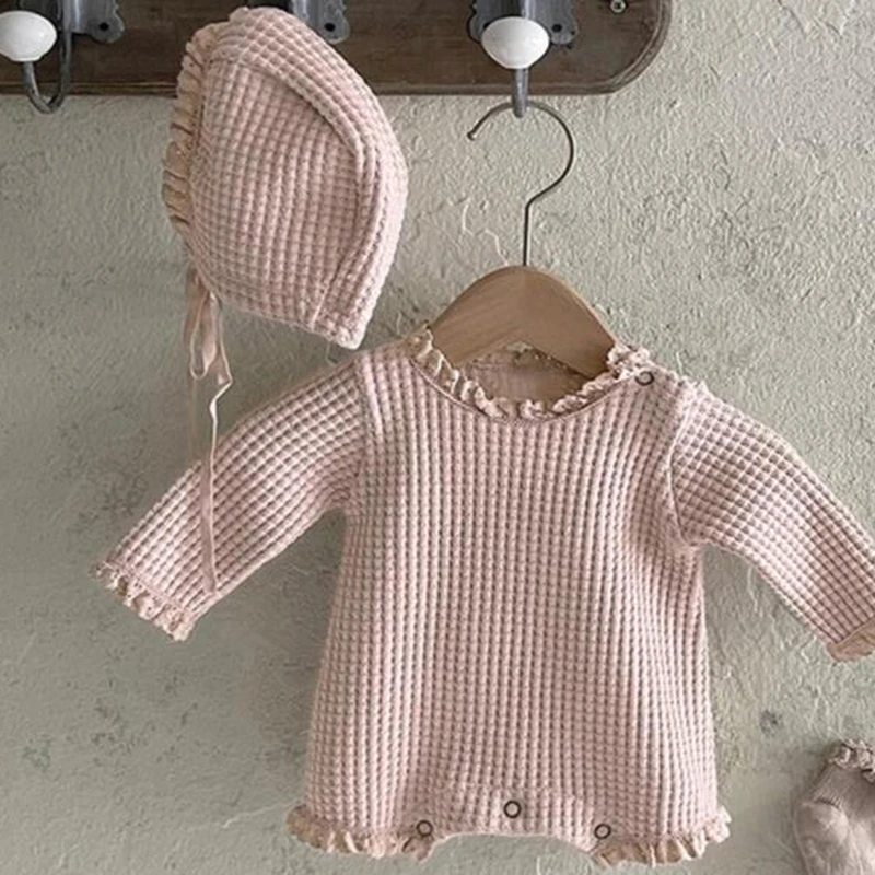 Korean Style Baby Girl Long Sleeve Bodysuits+Hat Waffle Lace Stitching Infant Baby Girls Jumpsuit Spring Autumn Baby Clothes