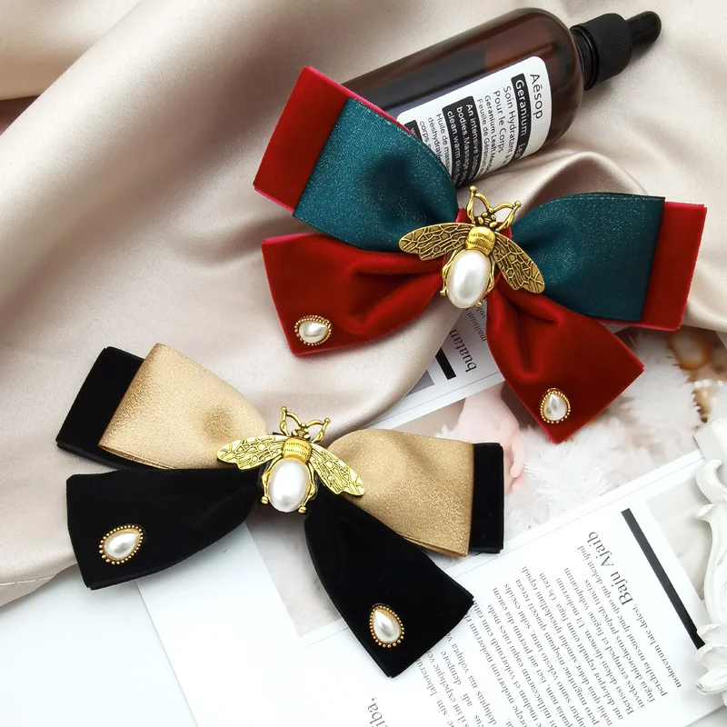 Retro Stoff Samt Bogen Haarnadel Perle Biene Haarspangen für Frauen Weibliche Frühling Clip Headwear Grips Koreanische Haar Zubehör – Detail 2