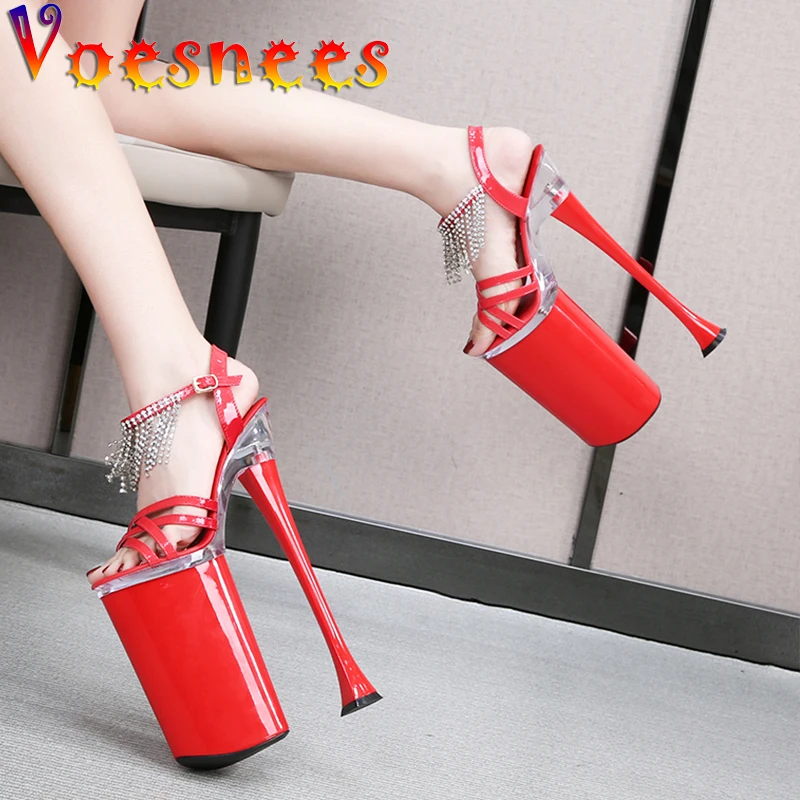 Women Sexy Show Sandals 2021 Summer Super High 26CM Fringe Platform Cross-tied Sexy Diamonds Heels Sandals for Girls Modern Shoe