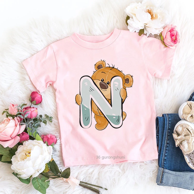 Bear and Letter Cartoon Print Birthday Party Costume Kawaii Girls Pink T-shirt Kids Summer Tops  Harajuku Girls T Shirt Camisole