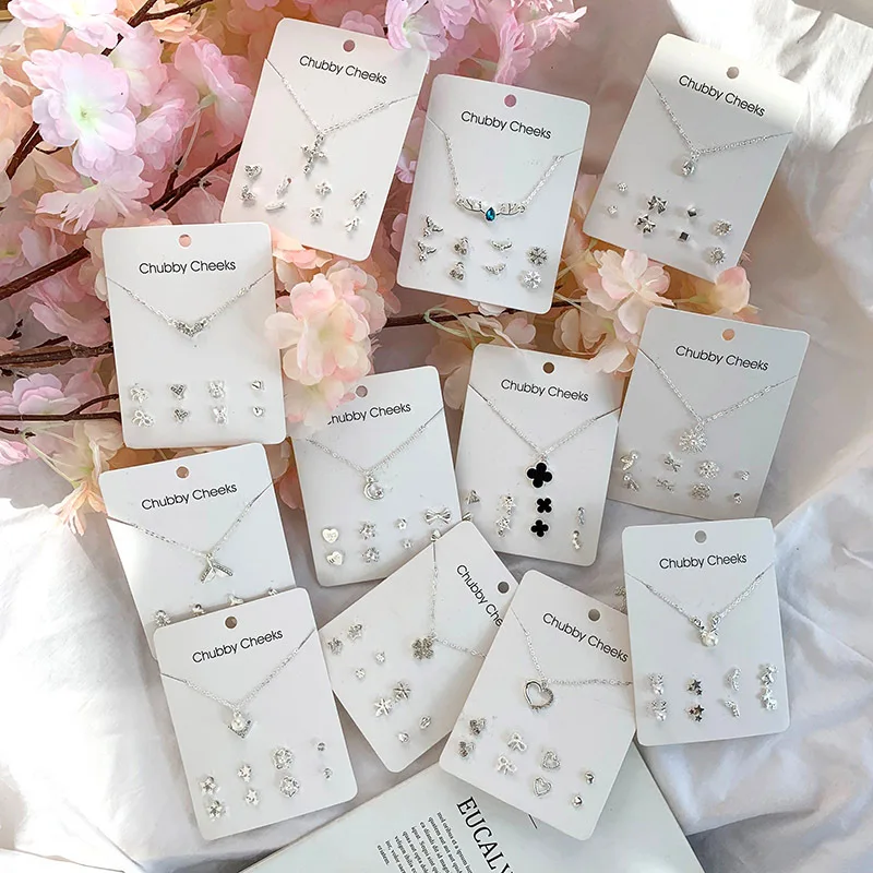 Korean Cute Pearl Pendant Necklace Stud Earring Sets Jewelry Kit For Women Girls Geometric Crystal Wedding Piercing Brincos