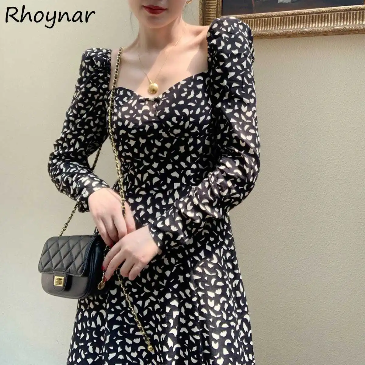 Long Sleeve Dress Women Vintage French Tunic Mid-calf Square Collage Elegant Vestido Fashion Casual Simple Street Ladies Chic