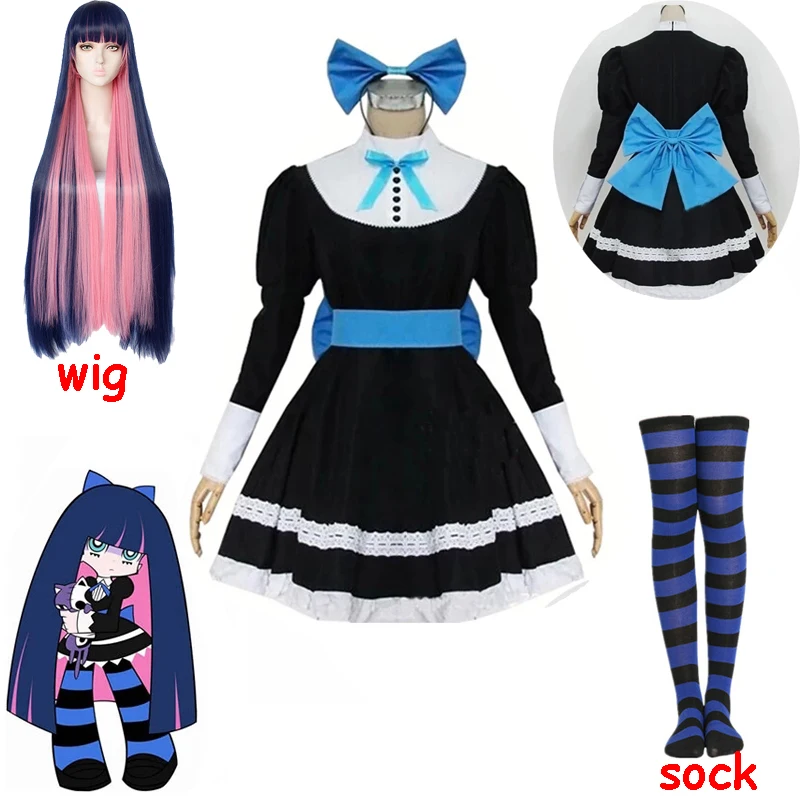 Anime Panty & Stocking with Garterbelt Stocking Anarchy Autumn Maid Women Cosplay Costume Lolita Dress +  Belt +  Headwaer